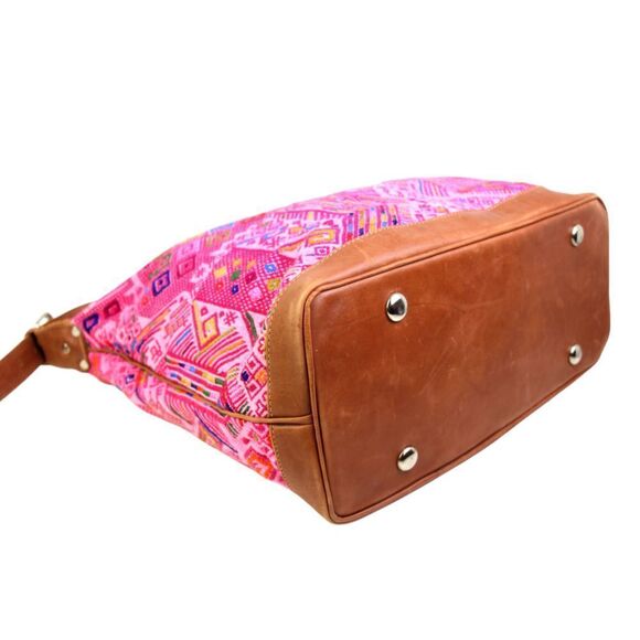 ROOMY HANDCRAFTED MULTICOLOR PINK KILIM BROWN LEATHER TRIM SHOULDER BAG HANDBAG - Picture 6 of 14